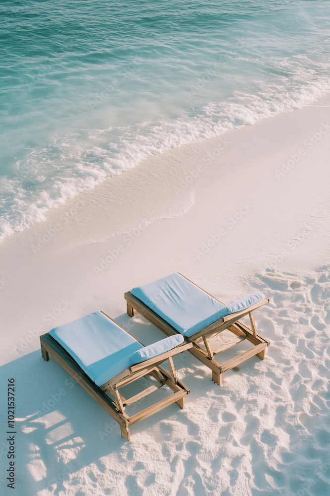 Sun loungers on a tropical sandy beach with blue ocean view Sun loungers on a tropical sandy beach with blue ocean view