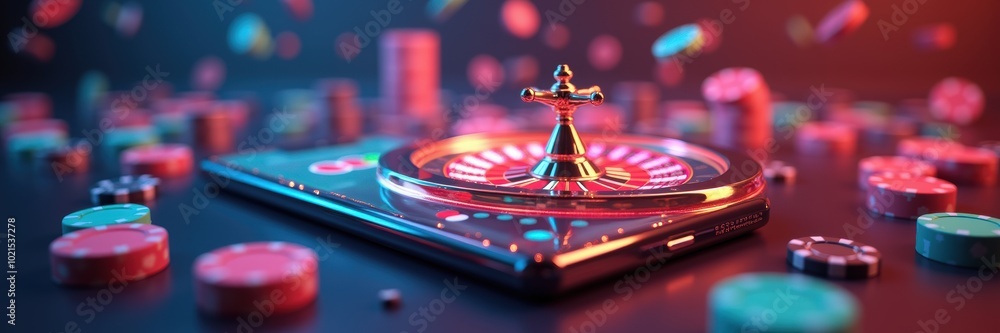 Obraz premium Vibrant digital roulette wheel on a smartphone, symbolizing modern online gambling. Perfect for promoting gaming apps and casino websites.