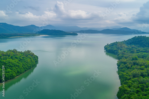 Aerial view of a green tropical island in the ocean