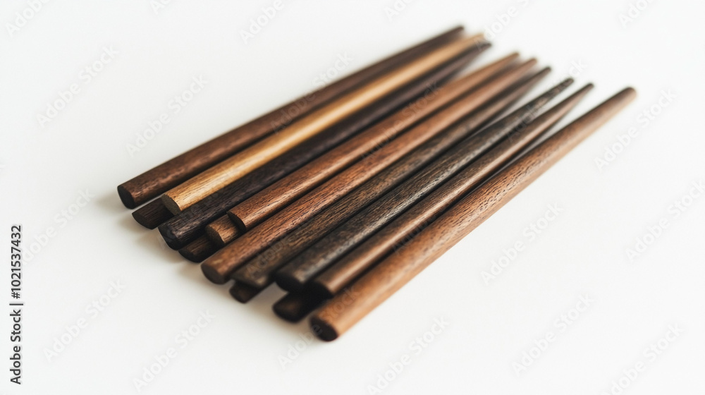 Variety of wooden chopsticks arranged on a white background with different shades and sizes Variety of wooden chopsticks arranged on a white background with different shades and sizes