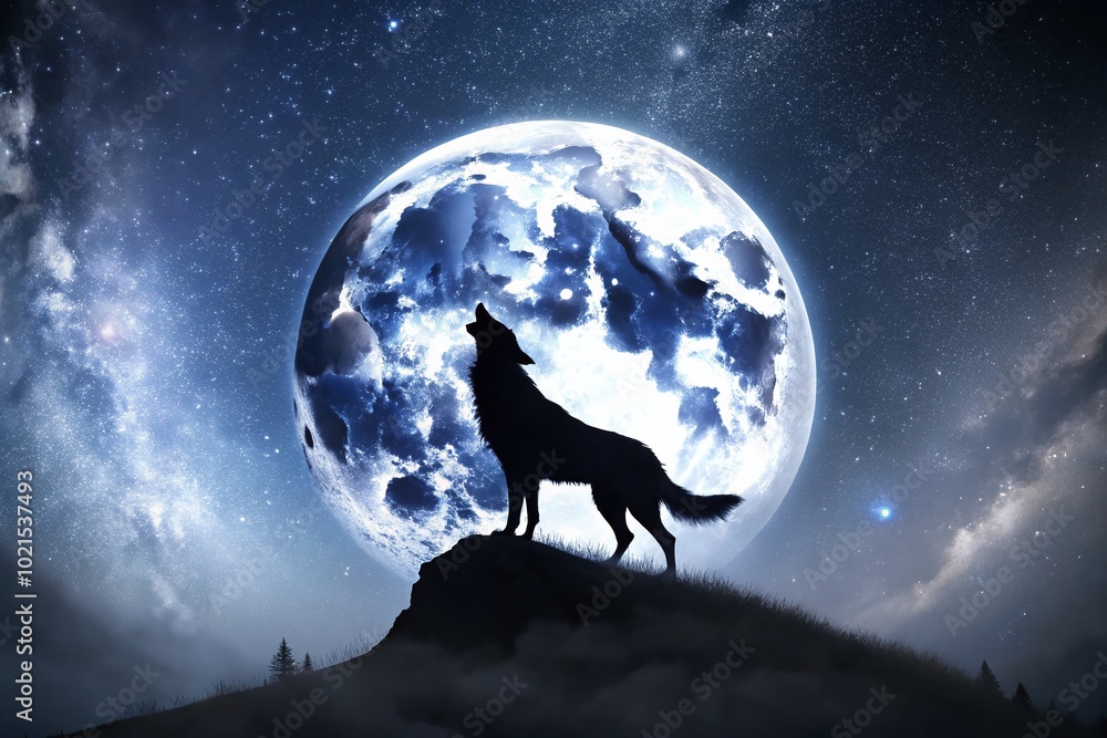 Silhouette of a Howling Wolf Against a Moonlit Background in an Artistic Outline Design Silhouette of a Howling Wolf Against a Moonlit Background in an Artistic Outline Design