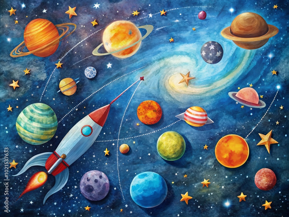 Fototapeta premium Simple and Creative Space Drawing for Kids and Beginners Featuring Planets, Stars, and Rockets