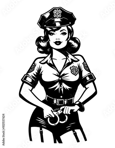 black vector pin-up policewomen illustration
