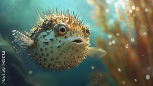 Close-up of a pufferfish, with its spiny body fully inflated, floating cautiously in the ocean currents.