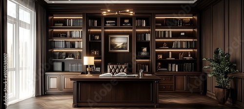 Wallpaper Mural An elegant and refined home office with dark wood furnishings, a large desk, and built-in bookshelves Torontodigital.ca