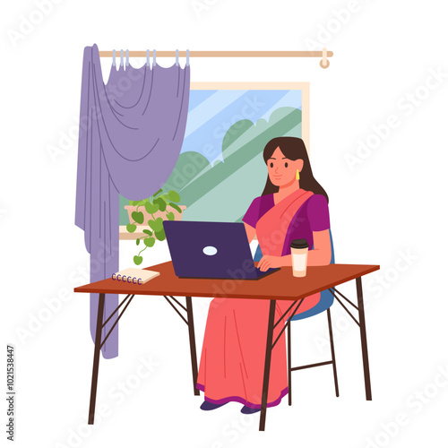 Indian young woman in red silk sari working with laptop at table. Businesswoman sitting at desk by window to work, portrait of lady manager in ethnic costume of India cartoon vector illustration