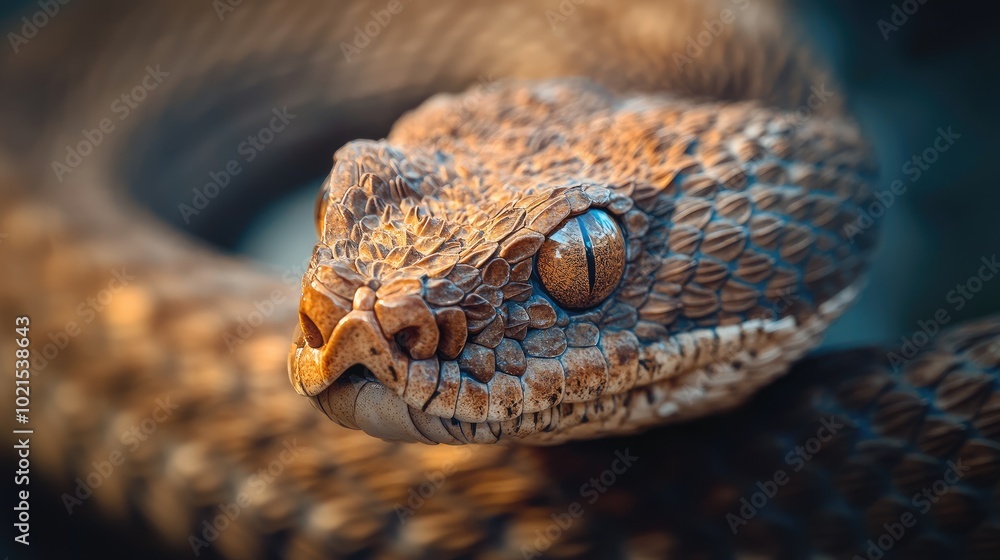 Fototapeta premium Close-up of a rattlesnakeas slitted eyes and venomous fangs, with its rattling tail blurred in the background.