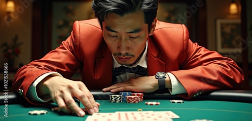 A focused man in a red tuxedo plays cards at a casino table, embodying strategy and tension, ideal for gambling, gaming, and lifestyle related projects. photo