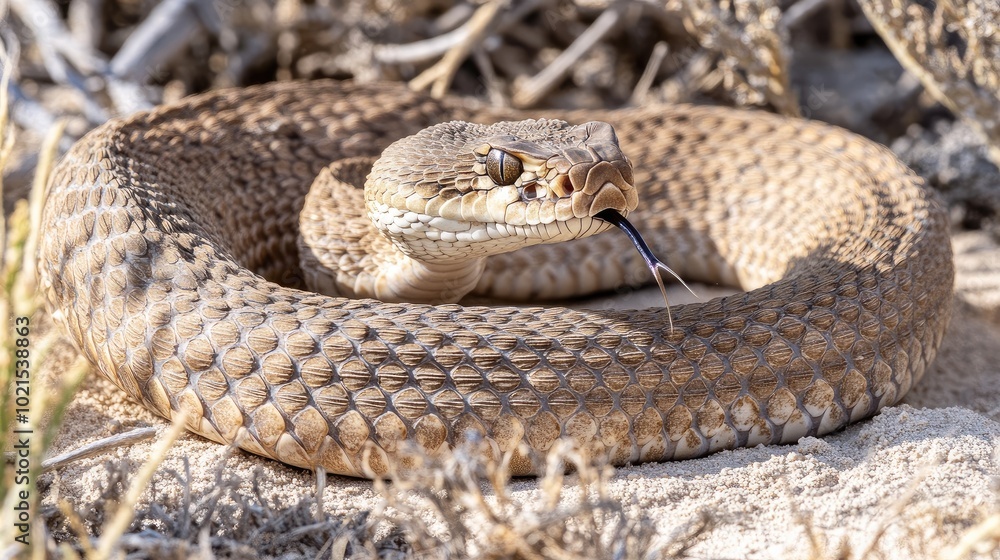 Close-up of a rattlesnakeas venomous bite, with its fangs extended and tail rattling in warning. Close-up of a rattlesnakeas venomous bite, with its fangs extended and tail rattling in warning.