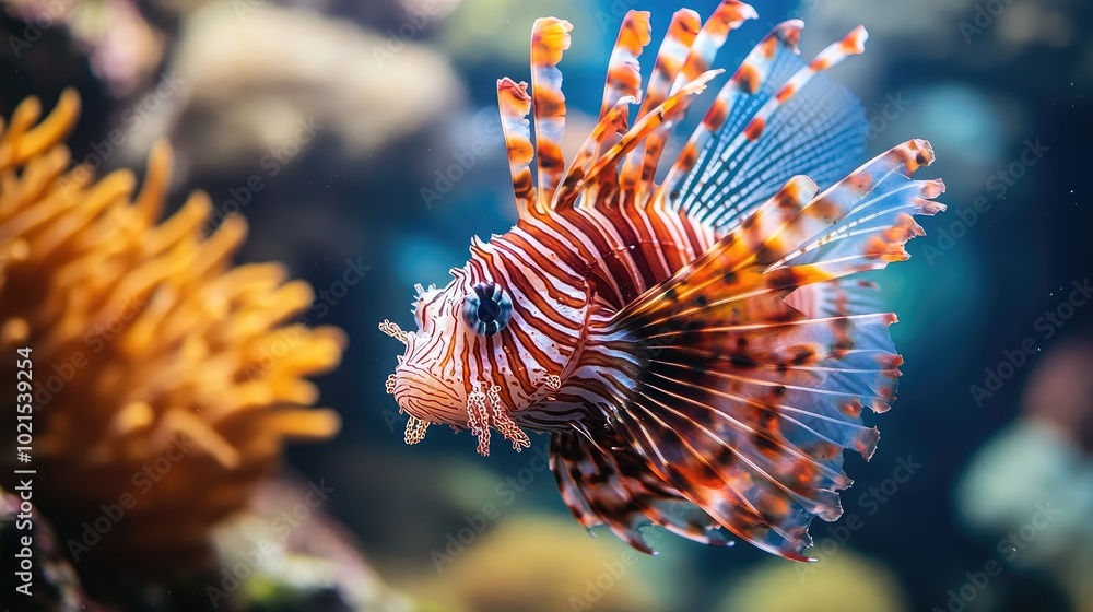 Close-up of a red lionfishas spines and patterned body, with its venomous form swimming gracefully near coral. Close-up of a red lionfishas spines and patterned body, with its venomous form swimming gracefully near coral.
