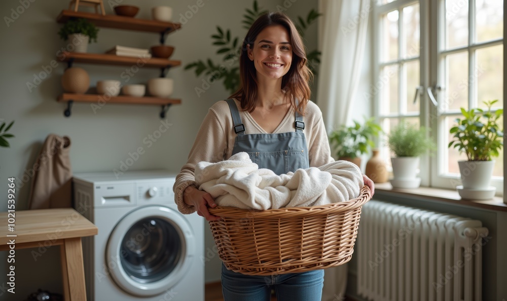A cheerful woman carrying a basket of fresh laundry in a cozy, modern laundry room, showcasing a blend of comfort and homecare.