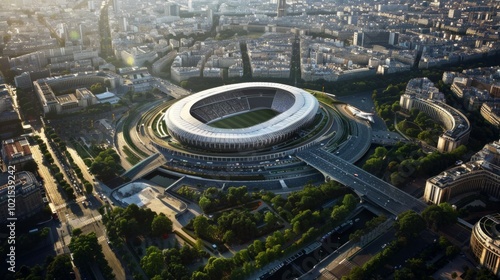 A city with a large stadium in the center