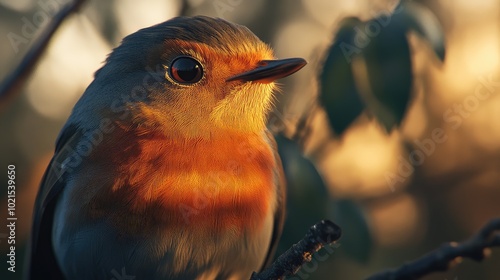 Close-up of a robinas bright red breast and small, delicate beak as it perches on a branch. photo