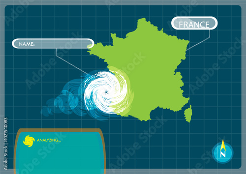 Hurricane going towards France  satellite view monitoring concept. Editable Clip Art.