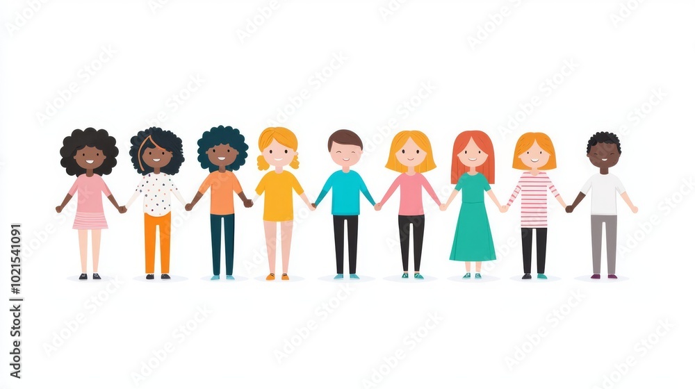 Diverse cartoon people holding hands in unity and connection. Illustration on a white background emphasizing community and togetherness. Diverse cartoon people holding hands in unity and connection. Illustration on a white background emphasizing community and togetherness.