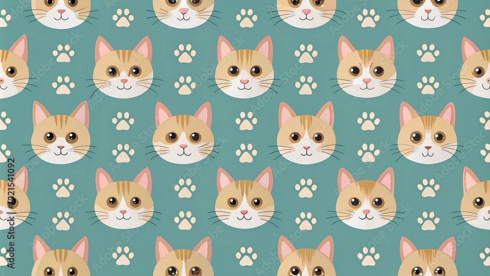 Fototapeta premium Cute cat faces and paw prints seamless pattern on teal background.