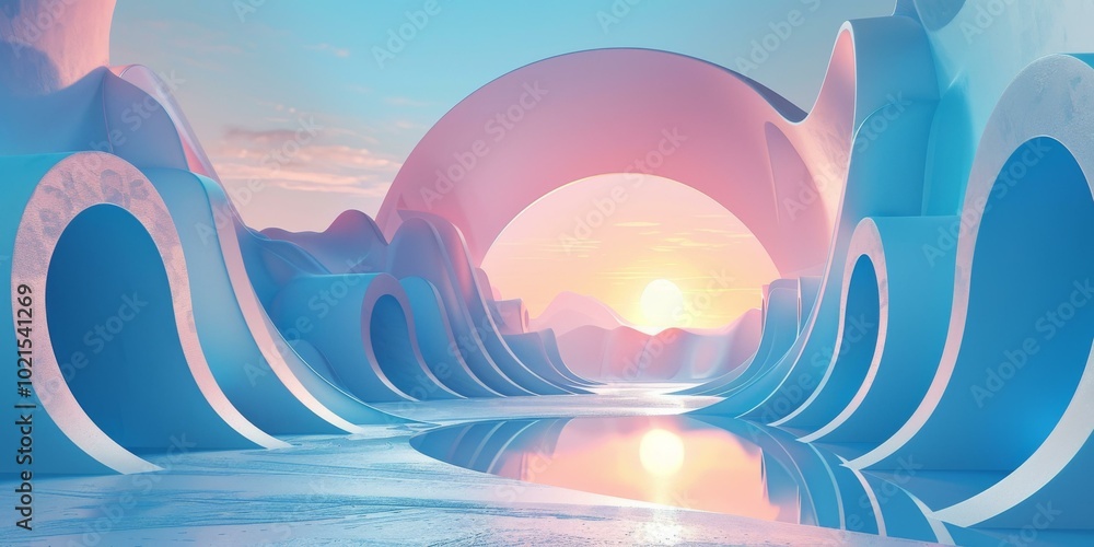 Blue and pink abstract landscape with a large archway in the center Blue and pink abstract landscape with a large archway in the center