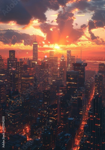 Cityscape Sunset Illustration with Vivid Colors