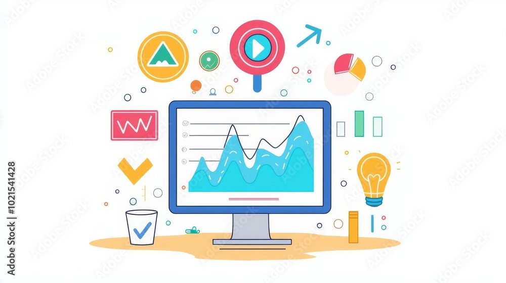 Illustration of a computer screen displaying data analytics and various icons representing business, technology, and innovation. Illustration of a computer screen displaying data analytics and various icons representing business, technology, and innovation.