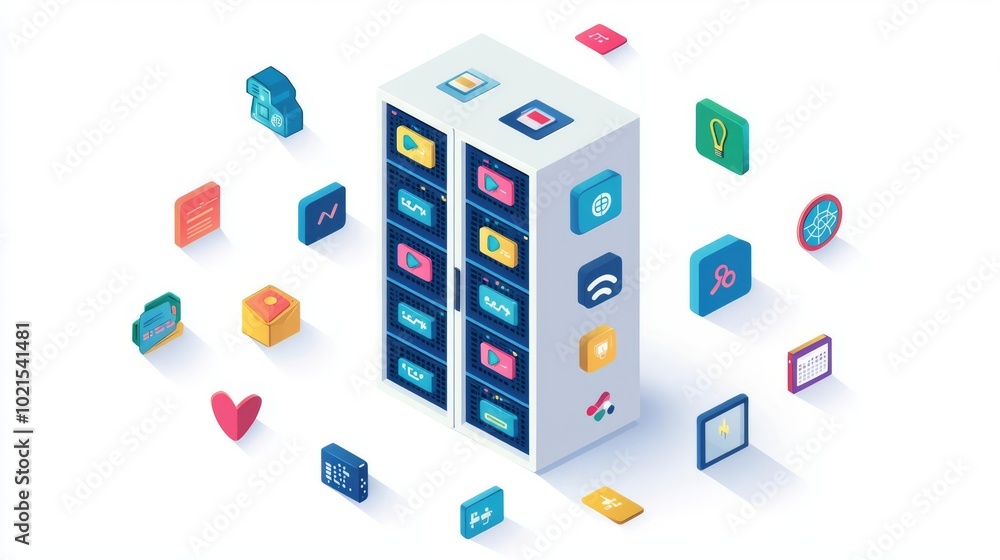 Isometric illustration of a server surrounded by various cloud computing icons, representing digital storage and technology solutions. Isometric illustration of a server surrounded by various cloud computing icons, representing digital storage and technology solutions.