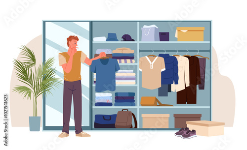 Young man holding hanger with tee shirt at cupboard to find and select garments, organize things. Open wardrobe with clothes, choose stylish outfit for day in closet