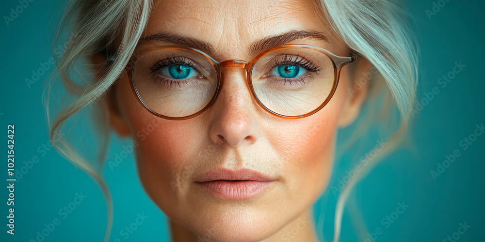 Close-up portrait of a mature woman with glasses, emphasizing clear blue eyes and natural beauty. A modern, confident look representing aging gracefully and eye health Close-up portrait of a mature woman with glasses, emphasizing clear blue eyes and natural beauty. A modern, confident look representing aging gracefully and eye health