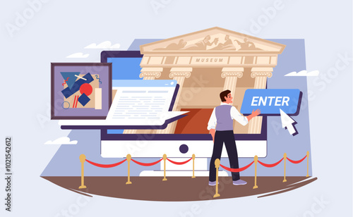 Virtual excursion with guide to museums art gallery. Tiny man clicks on Enter button to enjoy contemporary artwork experience and modern painting on computer screen cartoon vector illustration