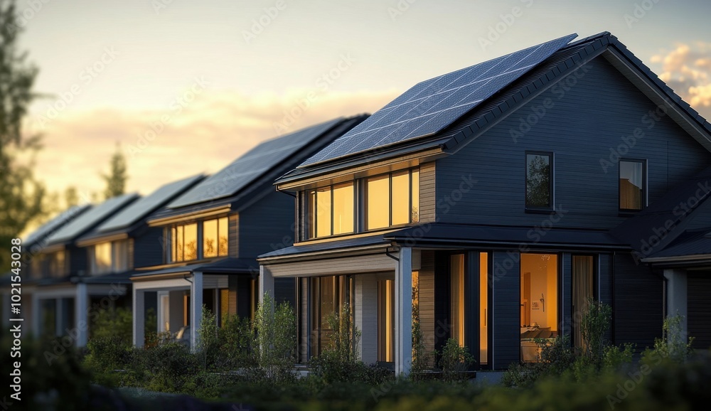 A row of modern townhouses with gray roofs and white walls, under the bright sun in an urban area The focus is on one house that has solar panels on its roof A row of modern townhouses with gray roofs and white walls, under the bright sun in an urban area The focus is on one house that has solar panels on its roof