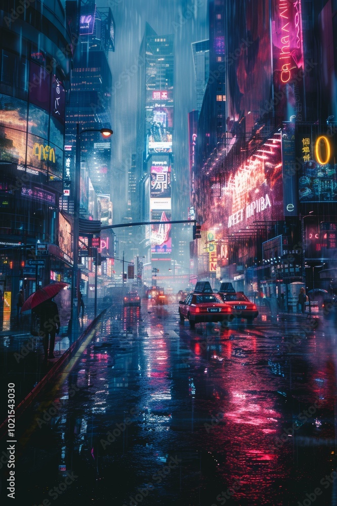 Obraz premium Rainy Cyberpunk City Street Scene with People