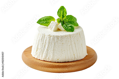 Fresh ricotta cheese with basil isolated on white background. Concept of dairy products and healthy eating.