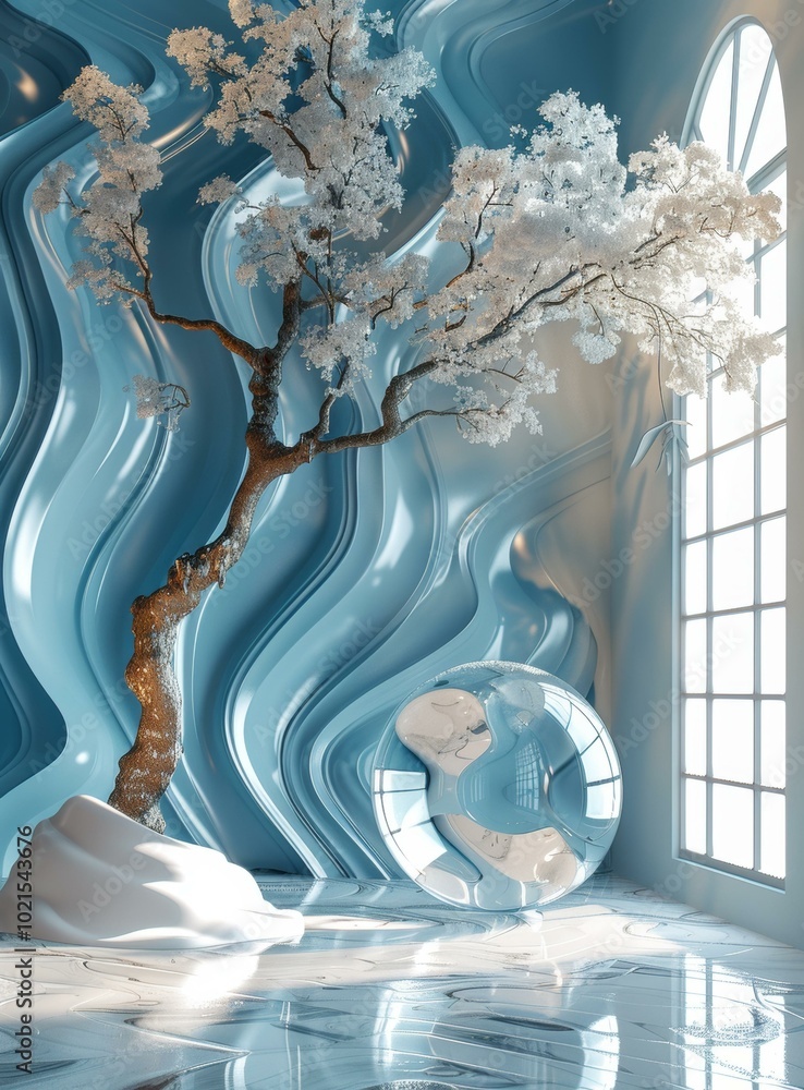 Naklejka premium Abstract Interior Design with a Cherry Blossom Tree