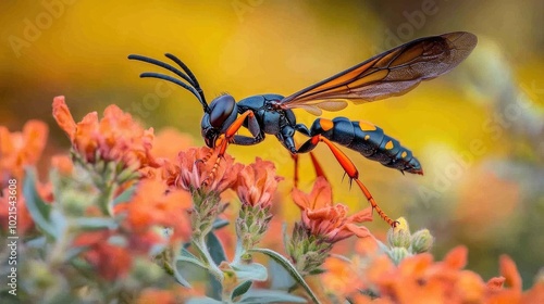 Close-up of a tarantula hawk wasp, its venomous stinger extended as it searches for prey. photo