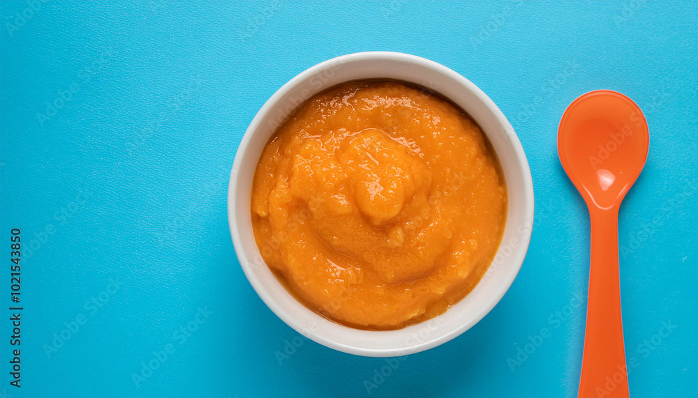 Bowl of smooth pumpkin puree and spoon. Baby food. Tasty and healthy. Fresh and natural. Bowl of smooth pumpkin puree and spoon. Baby food. Tasty and healthy. Fresh and natural.