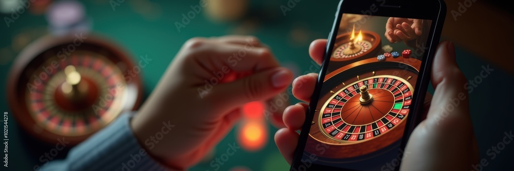 Obraz premium A hand holding a smartphone displaying a roulette game, reflecting the excitement of online gambling and casino entertainment.