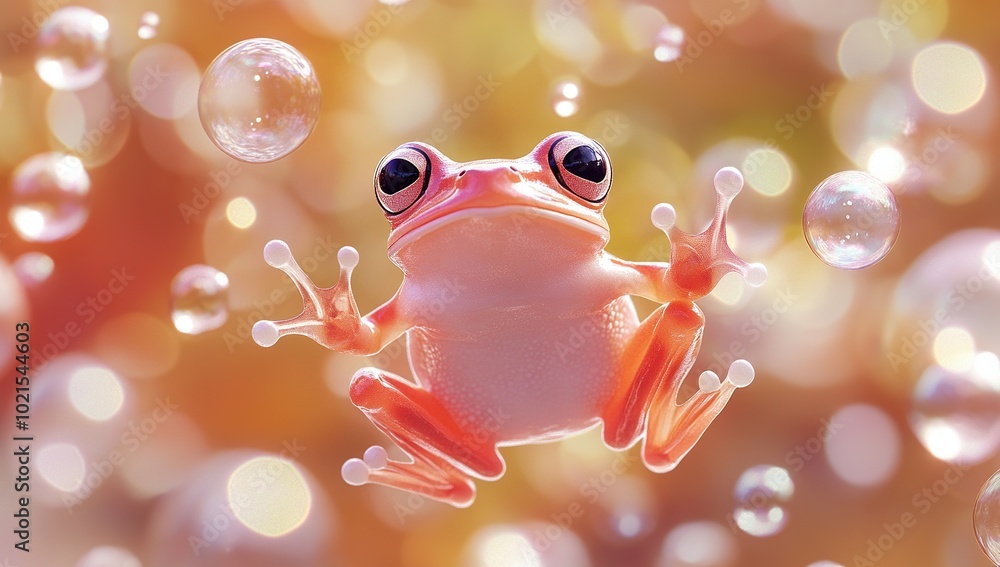 Close-up of a small, vibrant frog with smooth, golden-yellow skin and large, glossy black eyes. Sitting in water. Close-up of a small, vibrant frog with smooth, golden-yellow skin and large, glossy black eyes. Sitting in water.