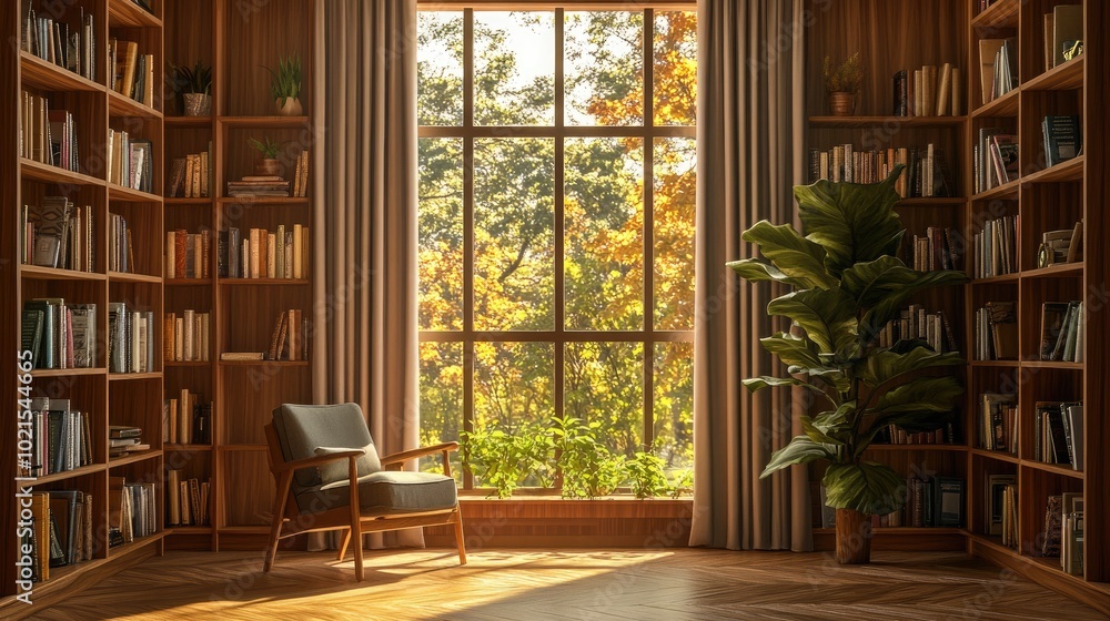 A cozy mid-century library nook with custom-built wooden shelving A cozy mid-century library nook with custom-built wooden shelving