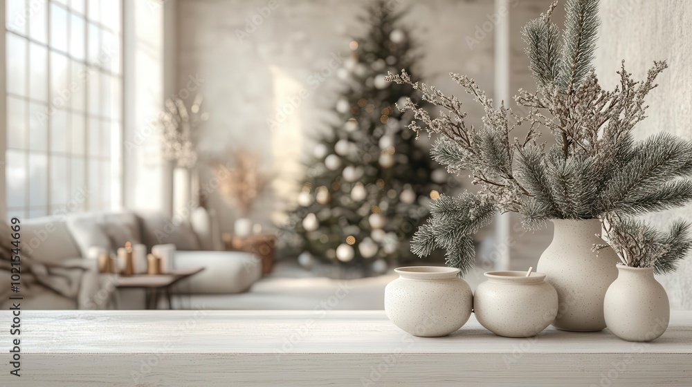 minimalistic white table adorned with a softly blurred christmas tree in the background creating an ideal setting for product display the scene evokes a sense of holiday cheer and elegance minimalistic white table adorned with a softly blurred christmas tree in the background creating an ideal setting for product display the scene evokes a sense of holiday cheer and elegance