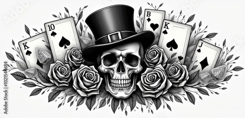 A striking monochrome illustration featuring a skull with a top hat, surrounded by roses and playing cards, perfect for gaming, tattoo design, or Halloween themed projects.