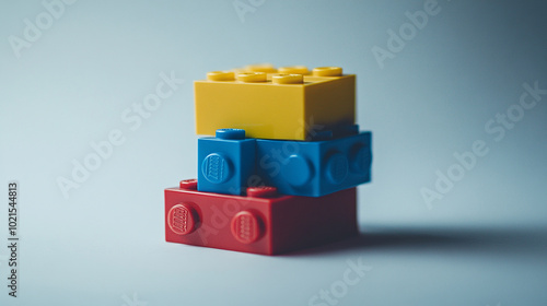 Stacked colorful building blocks arranged artistically on a simple backdrop during daylight