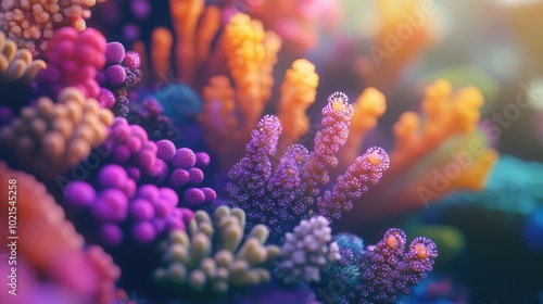 Close-up of a vibrant coral reef teeming with tiny, colorful marine life, showcasing the beauty of underwater ecosystems.