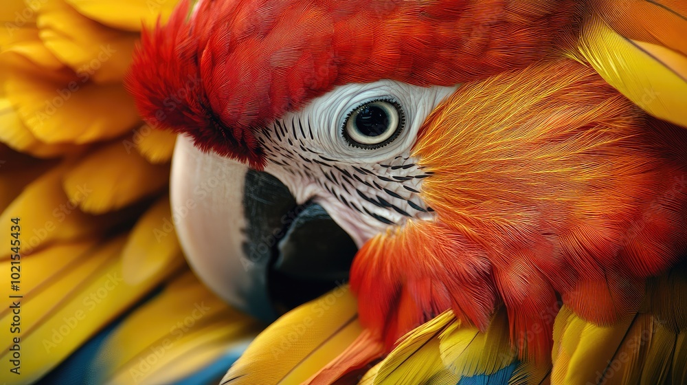 Obraz premium Close-up of a vibrant parrotas colorful feathers, focusing on its sharp beak and intelligent eyes.