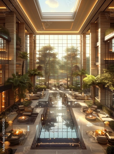Luxury Hotel Lobby with Water Feature and Lush Landscaping