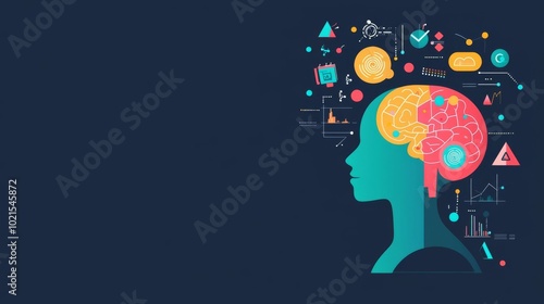 Colorful illustration of a human brain showing creativity and innovation, with symbols representing ideas, technology, and learning. photo