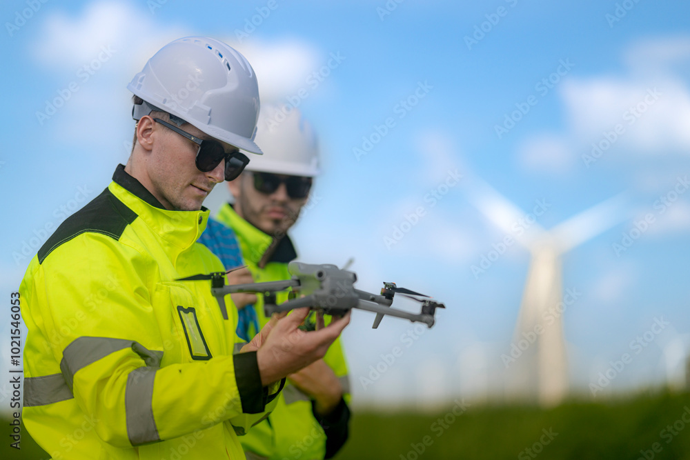 A group of engineers dressed in high-visibility uniforms and helmets conducts an inspection at a wind farm. Using technical devices, they monitor the wind turbines under a bright blue sky. A group of engineers dressed in high-visibility uniforms and helmets conducts an inspection at a wind farm. Using technical devices, they monitor the wind turbines under a bright blue sky.