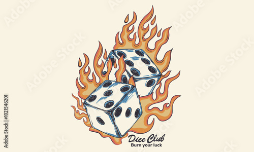 Dice graphic print design apparel, stickers, posters and background. Love card artwork. Sport club. Dice fire vintage artwork. 