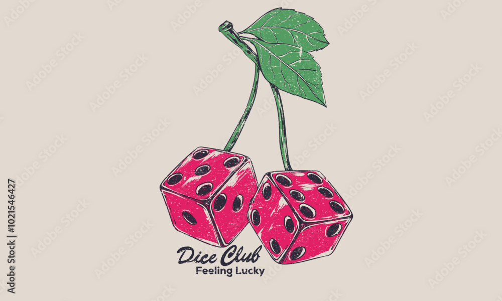 Fototapeta premium Love card artwork. Find your perfect pair. Lucky you. Sweet cherry. Cherry fruit print. Nature fruit print. Dice graphic print design apparel, stickers, posters and background.