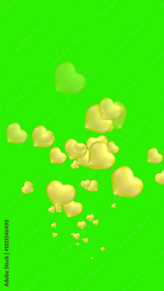 Pop-up 3D golden hearts on a chroma key background. 3D rendering of animation. Vertical video. Video effect for Valentine's day and wedding. Green screen. Pop-up 3D golden hearts on a chroma key background. 3D rendering of animation. Vertical video. Video effect for Valentine's day and wedding. Green screen.