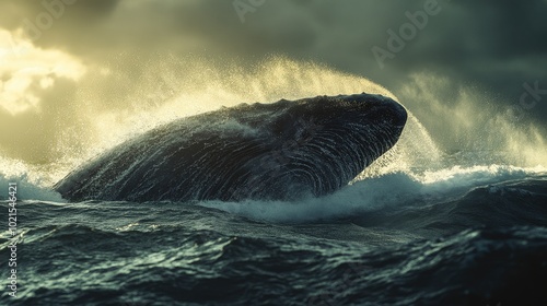 Close-up of a whaleas blowhole as it surfaces to breathe, with water spraying into the air above the ocean. photo