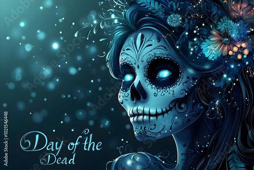 Day of the Dead Illustration with Glowing Skull and Flowers