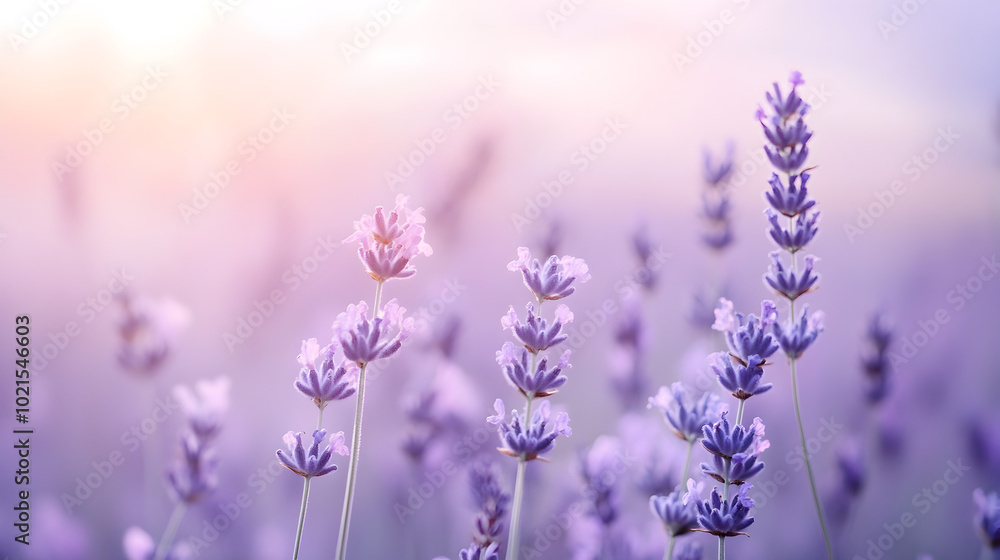 Obraz premium close up of sunlit field filled with blooming lavender flowers, offering a peaceful and colorful natural scene background